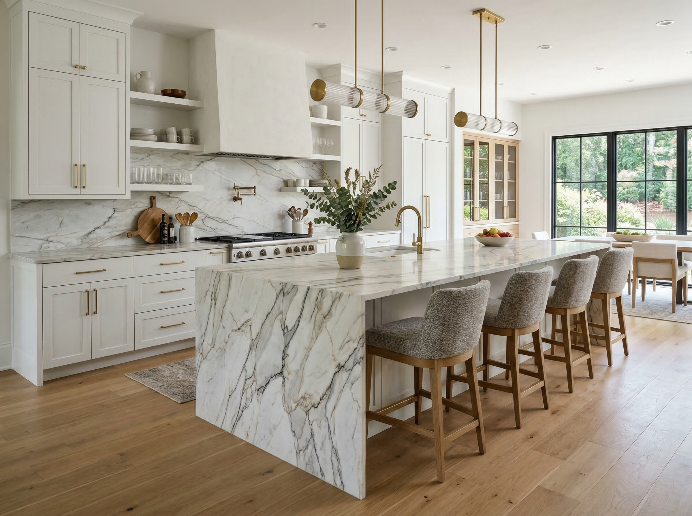 Quartzite countertop with marble-like veining